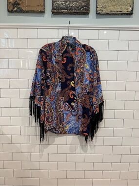 Fun & Flirt Navy Paisley Fringe Open-Front Cape
